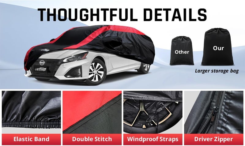 AltoCover Altima Car Cover Waterproof All Weather with Red Strip Design, Custom Fit for Nissan Altima 2002–2025, Altima Accessory with Door Zipper & Windproof Straps - Image 5